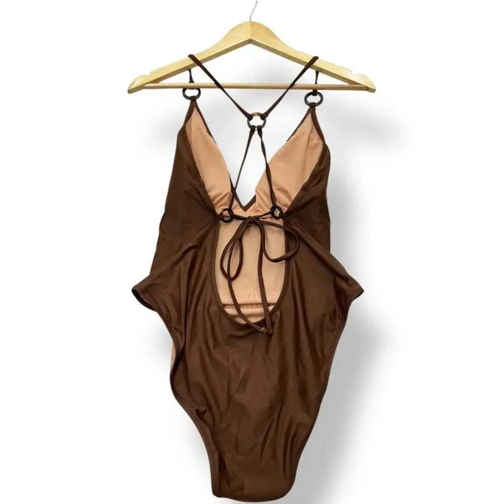 J.Crew O-Ring V-Neck One-Piece Swimsuit Women's 10 Brown Cheeky‎
